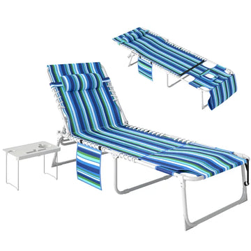 Outsunny Tanning Chair with Face Hole and Side Table, 5-Position Folding Outdoor Chaise Lounge Chair, Blue Stripe - product image 1