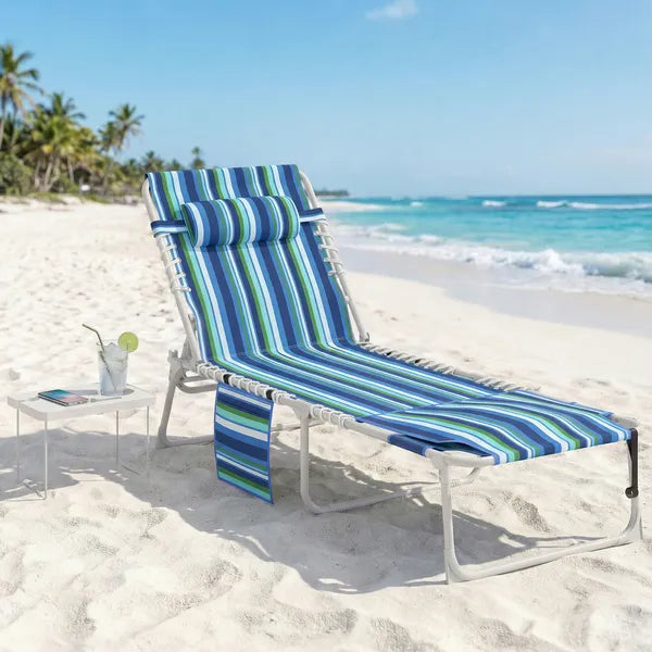 Outsunny Tanning Chair with Face Hole and Side Table, 5-Position Folding Outdoor Chaise Lounge Chair, Blue Stripe - product image 10