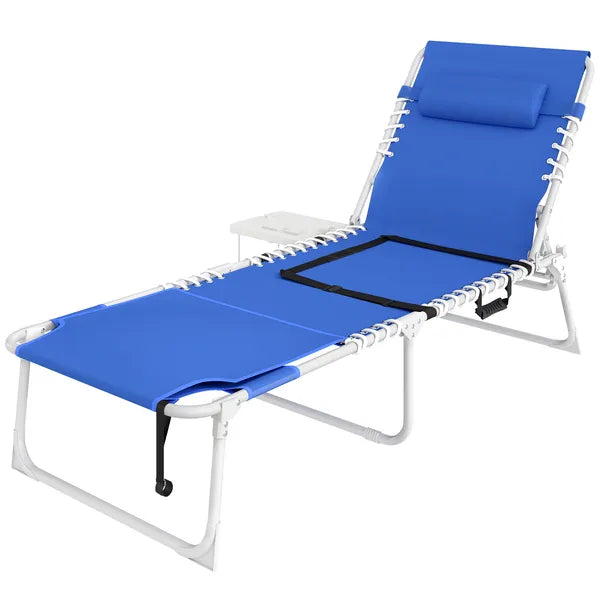 Outsunny Tanning Chair with Face Hole and Side Table, 5-Position Folding Outdoor Chaise Lounge Chair, Navy Blue - product image 1