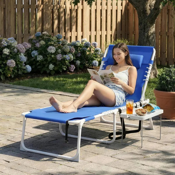 Outsunny Tanning Chair with Face Hole and Side Table, 5-Position Folding Outdoor Chaise Lounge Chair, Navy Blue - product image 2