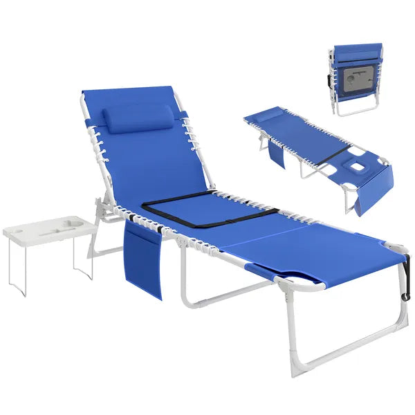 Outsunny Tanning Chair with Face Hole and Side Table, 5-Position Folding Outdoor Chaise Lounge Chair, Navy Blue - product image 11