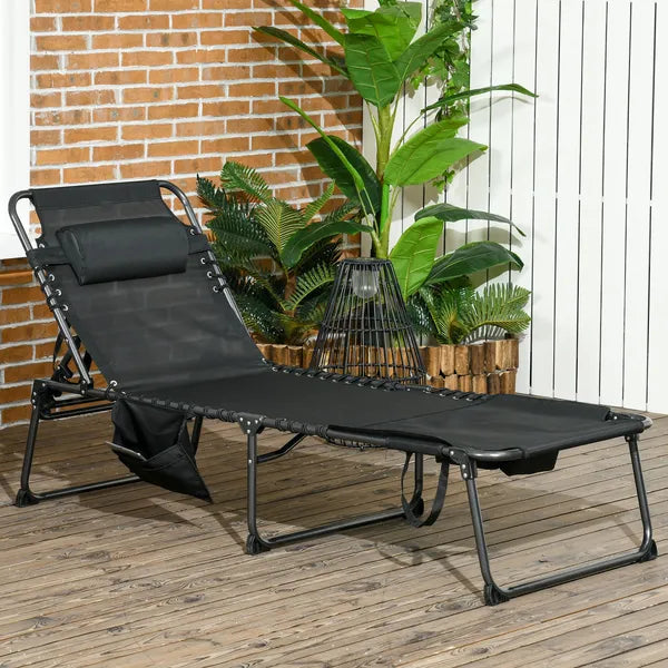 Tanning Lounger: Foldable, 5-Level Back, Reading Hole, Side Pocket, Headrest,  Black - product image 2