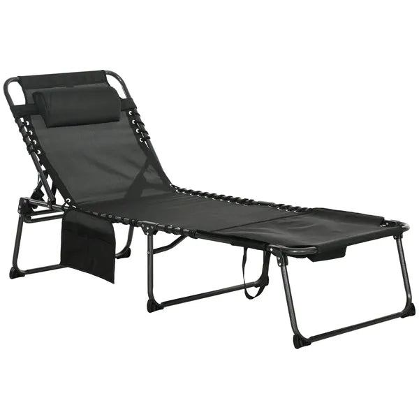 Tanning Lounger: Foldable, 5-Level Back, Reading Hole, Side Pocket, Headrest,  Black - product image 11