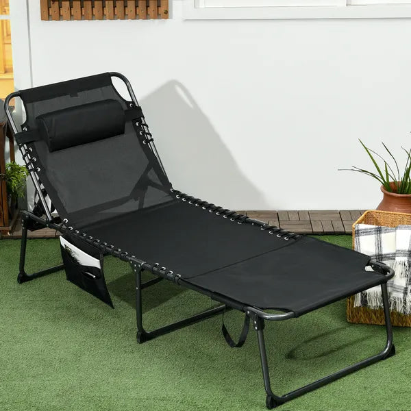 Tanning Lounger: Foldable, 5-Level Back, Reading Hole, Side Pocket, Headrest,  Black - product image 10
