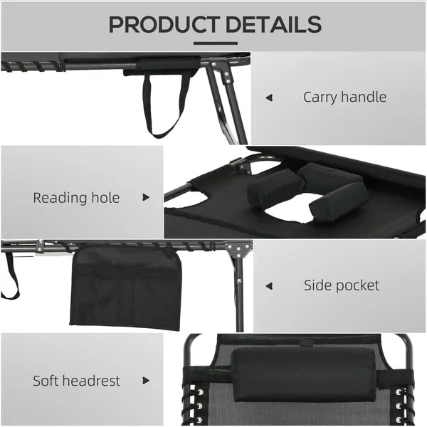 Tanning Lounger: Foldable, 5-Level Back, Reading Hole, Side Pocket, Headrest,  Black - product image 5