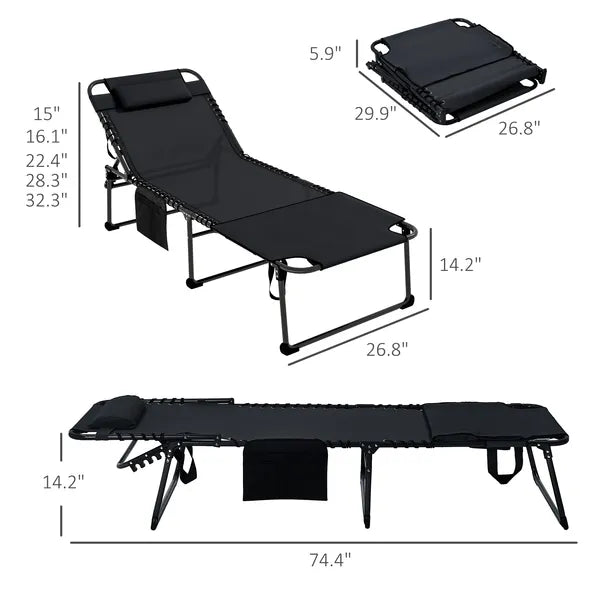 Tanning Lounger: Foldable, 5-Level Back, Reading Hole, Side Pocket, Headrest,  Black - product image 3