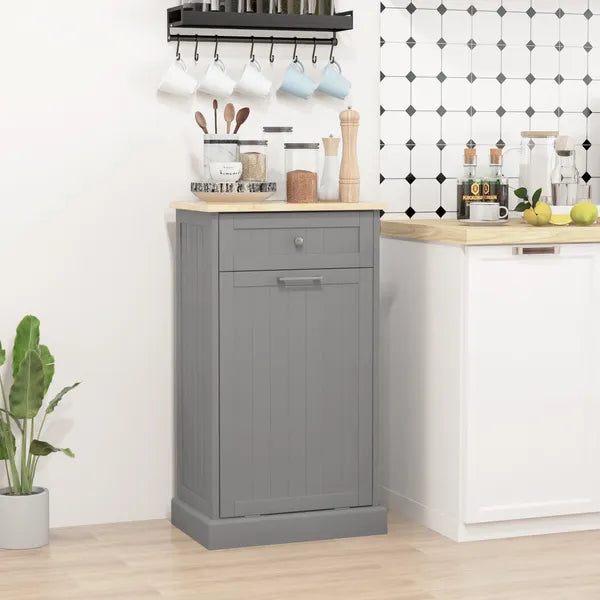 Tilt Out Trash Bin Cabinet, Gray, Freestanding Recycling Can Holder with Drawer - product image 10