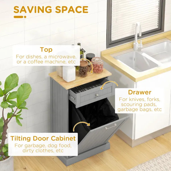 Tilt Out Trash Bin Cabinet, Gray, Freestanding Recycling Can Holder with Drawer - product image 5