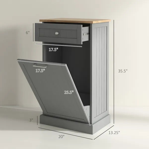 Tilt Out Trash Bin Cabinet, Gray, Freestanding Recycling Can Holder with Drawer - product image 3