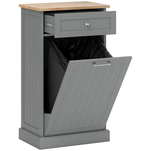 Tilt Out Trash Bin Cabinet, Gray, Freestanding Recycling Can Holder with Drawer - product image 1