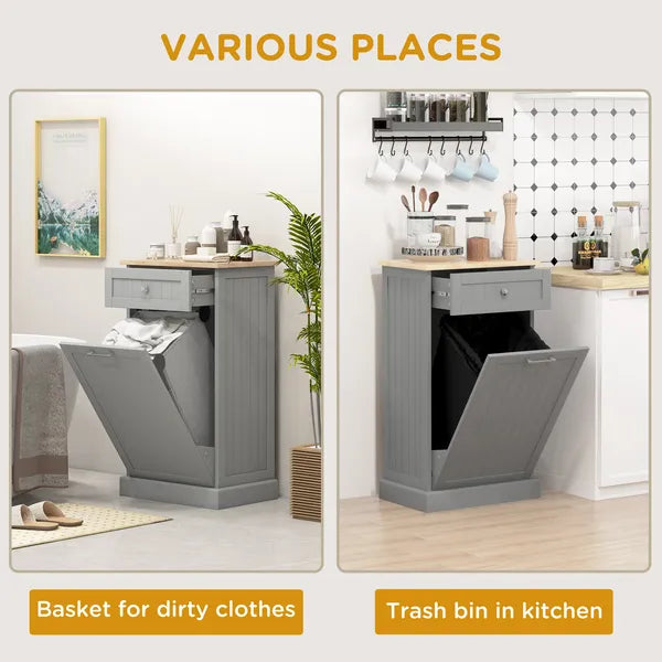Tilt Out Trash Bin Cabinet, Gray, Freestanding Recycling Can Holder with Drawer - product image 6