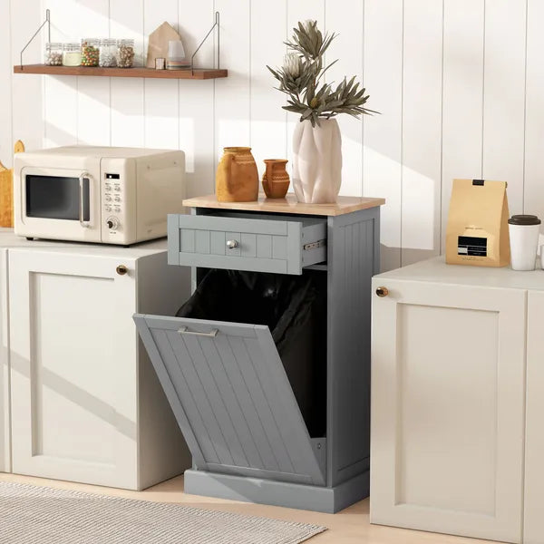 Tilt Out Trash Bin Cabinet, Gray, Freestanding Recycling Can Holder with Drawer - product image 2