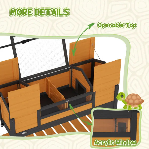 PawHut Tortoise Enclosure Tortoise House with Adjustable Lamp Holder Storage Shelf, Dual Main Houses, Openable Lid, Yellow - product image 8