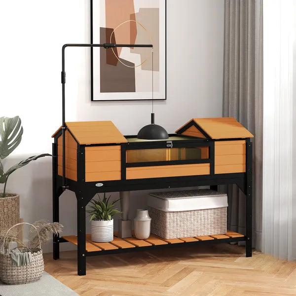 PawHut Tortoise Enclosure Tortoise House with Adjustable Lamp Holder Storage Shelf, Dual Main Houses, Openable Lid, Yellow - product image 2