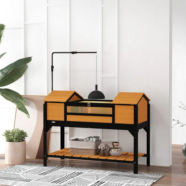 PawHut Tortoise Enclosure Tortoise House with Adjustable Lamp Holder Storage Shelf, Dual Main Houses, Openable Lid, Yellow - product image 10