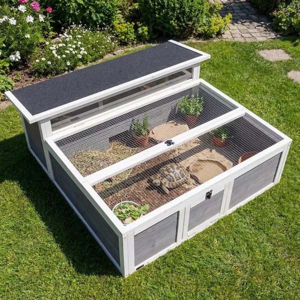PawHut Tortoise Habitat Openable Top Wooden Tortoise Enclosure Run Area and Clear Window Dark Gray - product image 2