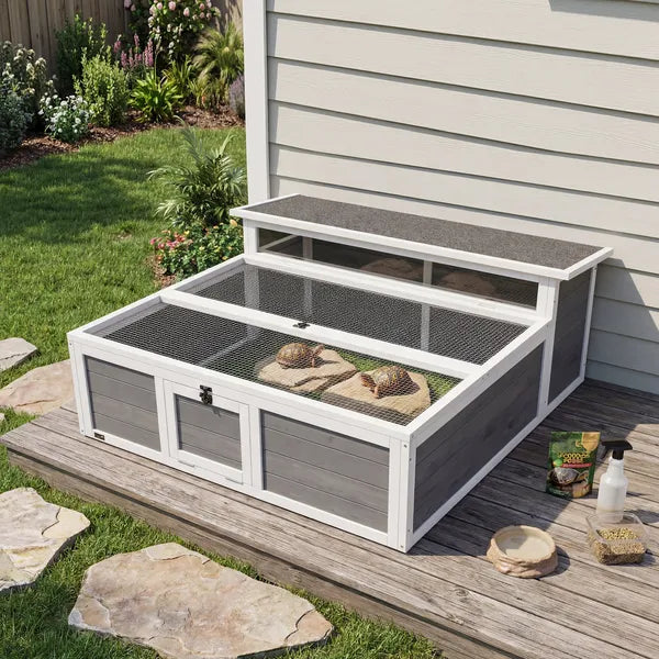 PawHut Tortoise Habitat Openable Top Wooden Tortoise Enclosure Run Area and Clear Window Dark Gray - product image 10