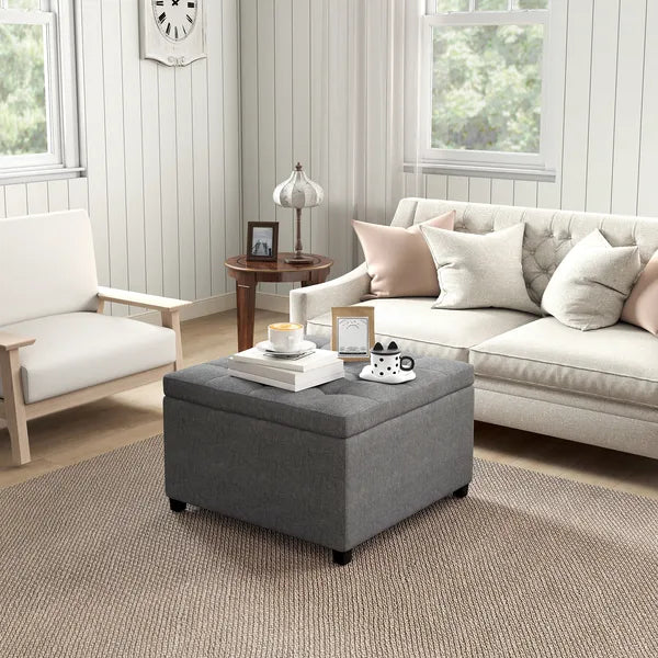 HOMCOM Tufted Storage Ottoman with Lift Top and Eucalyptus Wood Frame Gray - product image 2