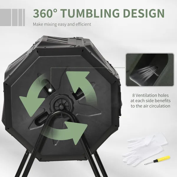 Tumbling Compost Bin Outdoor 360 Degree Dual Chamber Rotating Composter 43 Gallon, Black - product image 5