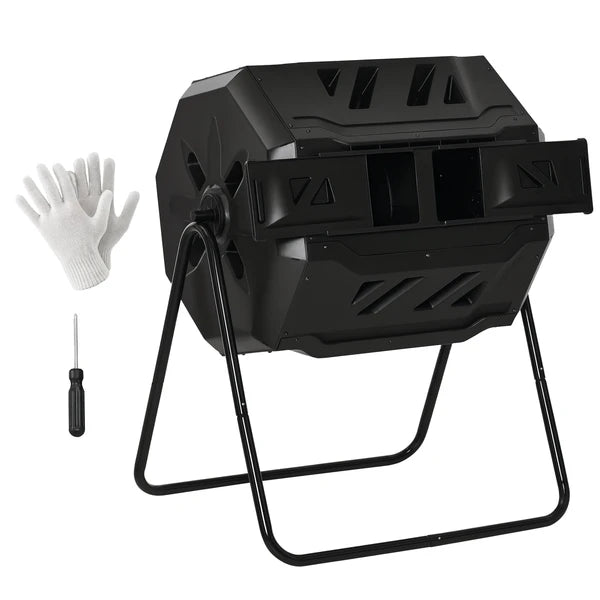 Tumbling Compost Bin Outdoor 360 Degree Dual Chamber Rotating Composter 43 Gallon, Black - product image 1