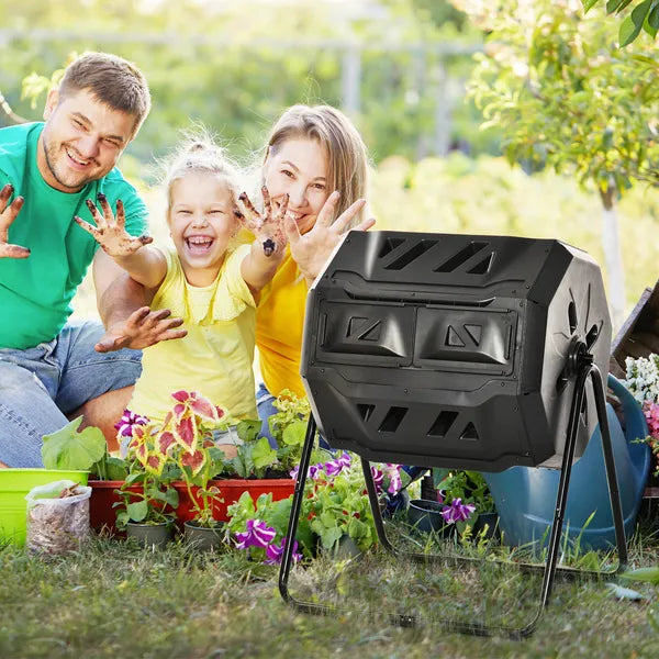 Tumbling Compost Bin Outdoor 360 Degree Dual Chamber Rotating Composter 43 Gallon, Black - product image 2