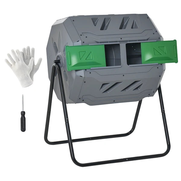 Tumbling Compost Bin Outdoor 360 Degree Dual Chamber Rotating Composter 43 Gallon, Light Gray - product image 11