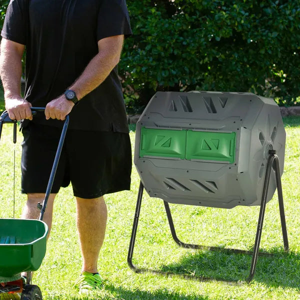 Tumbling Compost Bin Outdoor 360 Degree Dual Chamber Rotating Composter 43 Gallon, Light Gray - product image 10