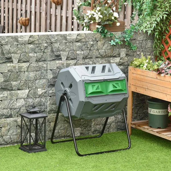 Tumbling Compost Bin Outdoor 360 Degree Dual Chamber Rotating Composter 43 Gallon, Light Gray - product image 2