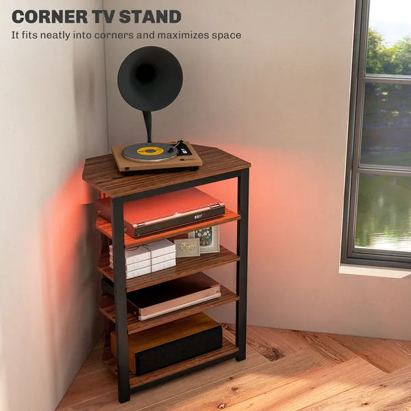 HOMCOM TV Stand with LED Lights, AV Media Stand, Corner Audio Tower with Storage Shelves and Steel Frame, for Living Room, Brown - product image 4