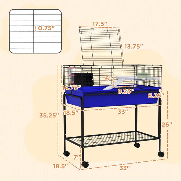 Two-Story Small Animal Cage Removable from Stand, Pet Habitat with Shelf and Wheels, 33" x 18.5" x 35", Blue - product image 3