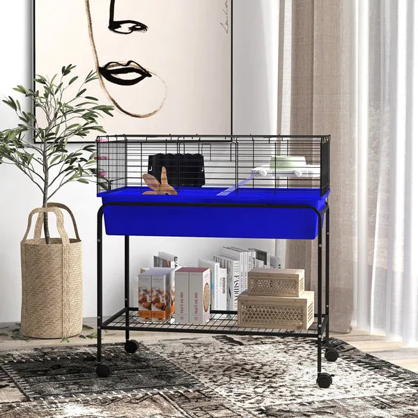 Two-Story Small Animal Cage Removable from Stand, Pet Habitat with Shelf and Wheels, 33" x 18.5" x 35", Blue - product image 2