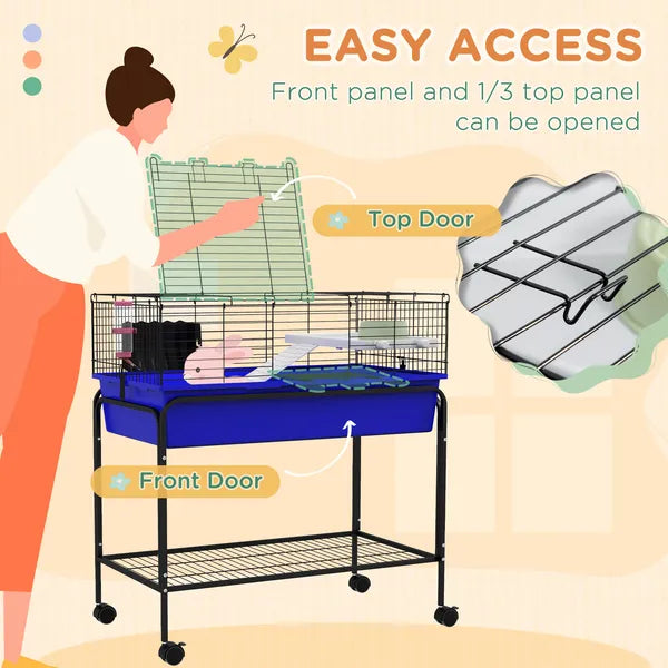 Two-Story Small Animal Cage Removable from Stand, Pet Habitat with Shelf and Wheels, 33" x 18.5" x 35", Blue - product image 6