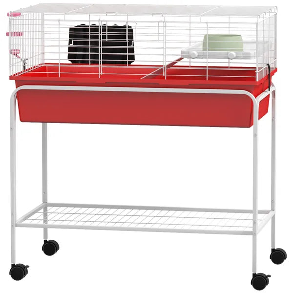 Two-Story Small Animal Cage Removable from Stand, Pet Habitat with Shelf and Wheels, 33" x 18.5" x 35", Red - product image 1