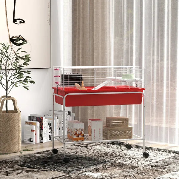 Two-Story Small Animal Cage Removable from Stand, Pet Habitat with Shelf and Wheels, 33" x 18.5" x 35", Red - product image 10