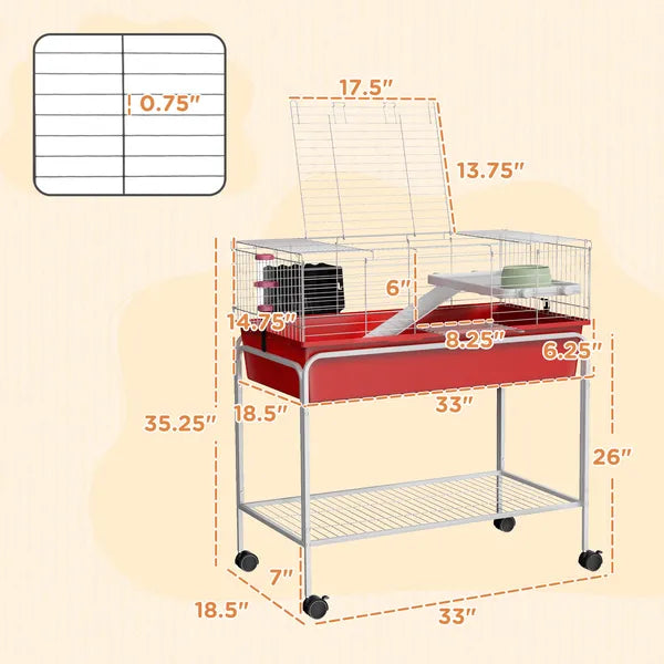 Two-Story Small Animal Cage Removable from Stand, Pet Habitat with Shelf and Wheels, 33" x 18.5" x 35", Red - product image 3