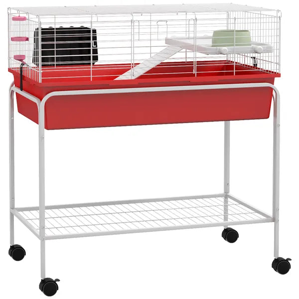 Two-Story Small Animal Cage Removable from Stand, Pet Habitat with Shelf and Wheels, 33" x 18.5" x 35", Red - product image 11