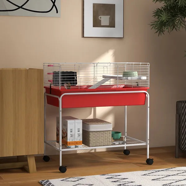 Two-Story Small Animal Cage Removable from Stand, Pet Habitat with Shelf and Wheels, 33" x 18.5" x 35", Red - product image 2