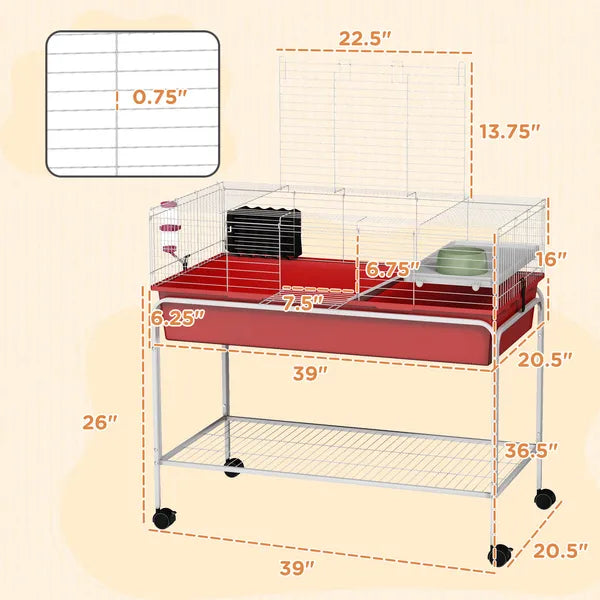 Two-Story Small Animal Cage Removable from Stand, Pet Habitat with Shelf and Wheels, 39" x 20.5" x 36.5", Red - product image 3