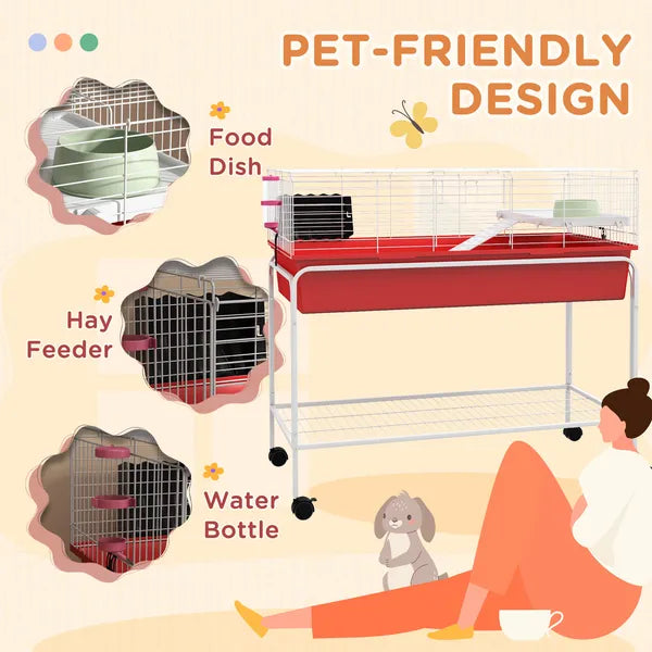 Two-Story Small Animal Cage Removable from Stand, Pet Habitat with Shelf and Wheels, 39" x 20.5" x 36.5", Red - product image 7