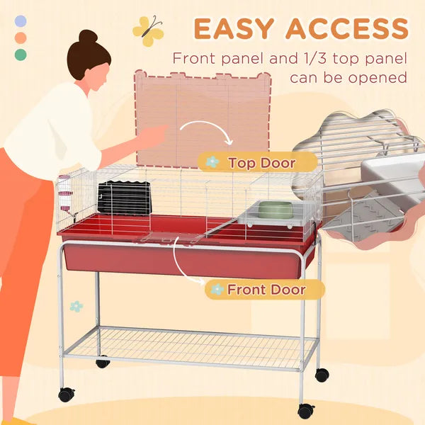Two-Story Small Animal Cage Removable from Stand, Pet Habitat with Shelf and Wheels, 39" x 20.5" x 36.5", Red - product image 6