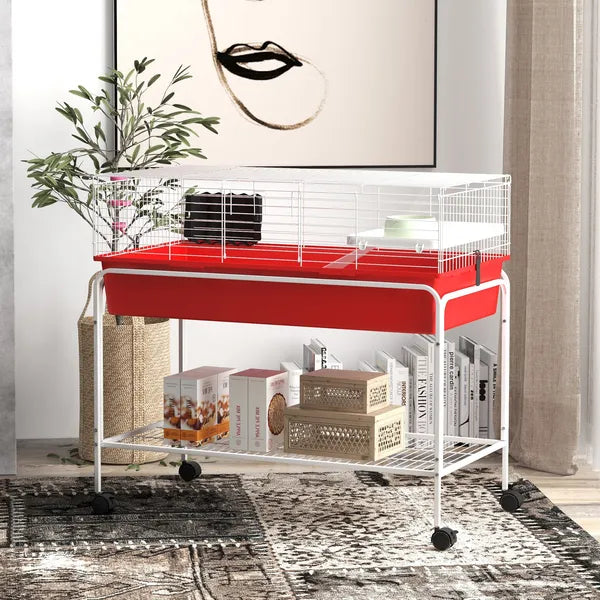 Two-Story Small Animal Cage Removable from Stand, Pet Habitat with Shelf and Wheels, 39" x 20.5" x 36.5", Red - product image 10