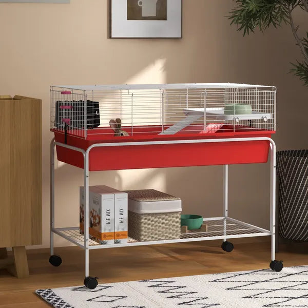 Two-Story Small Animal Cage Removable from Stand, Pet Habitat with Shelf and Wheels, 39" x 20.5" x 36.5", Red - product image 2