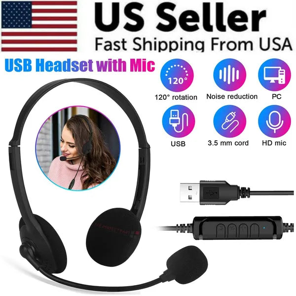USB Computer Headset with Noise Reducing Microphone for Calls and Chat