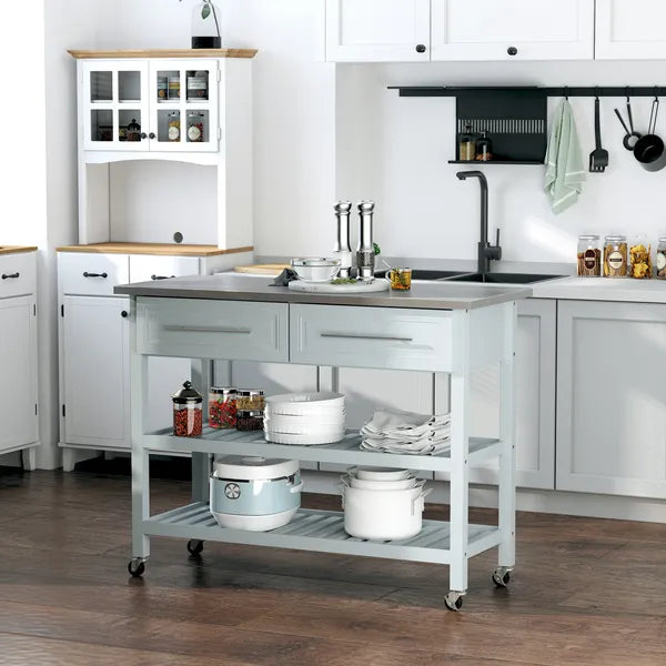 Utility Trolley Cart, Gray, with Stainless Steel Top, 2 Drawers, Rolling Kitchen Island - product image 2