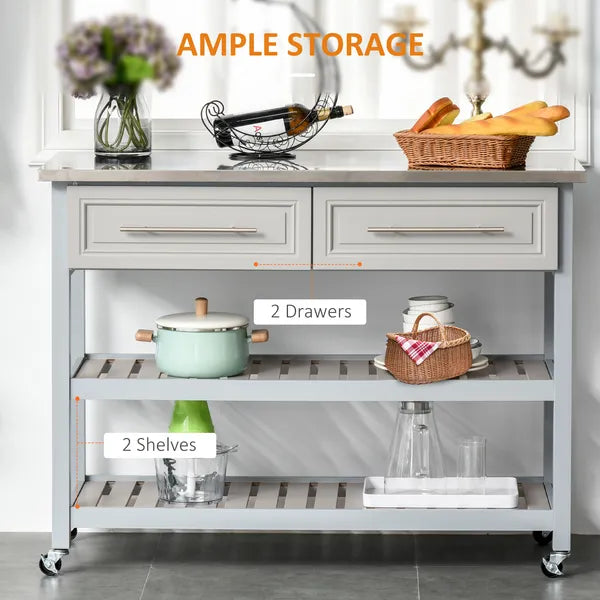 Utility Trolley Cart, Gray, with Stainless Steel Top, 2 Drawers, Rolling Kitchen Island - product image 5
