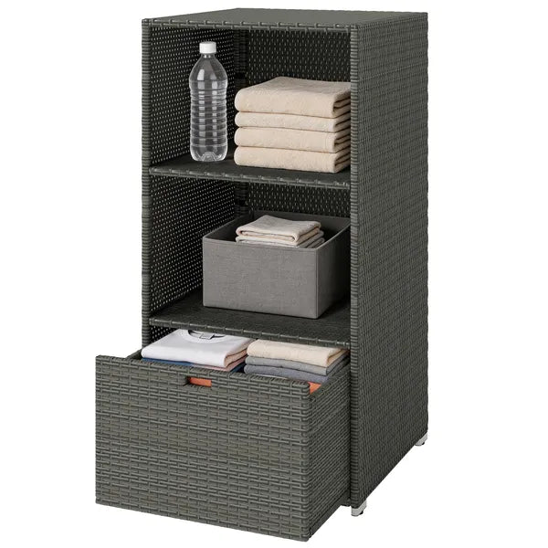 Valet Pool Towel Rack, Water-Resistant PE Plastic Rattan Wicker Storage Organizer, 2 Shelves, 1 Basket Drawer, Dark Gray - product image 1