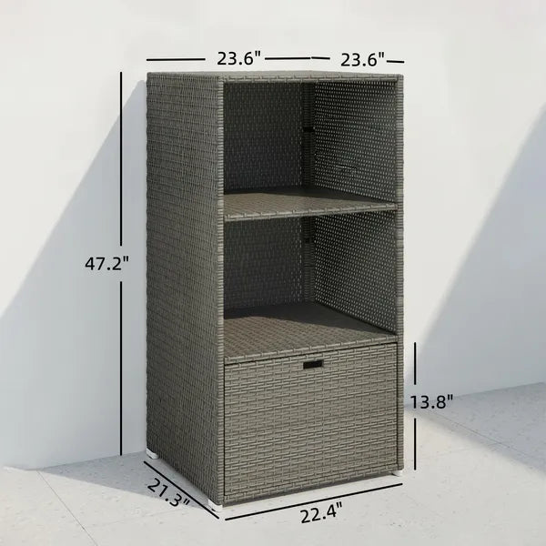 Valet Pool Towel Rack, Water-Resistant PE Plastic Rattan Wicker Storage Organizer, 2 Shelves, 1 Basket Drawer, Dark Gray - product image 2