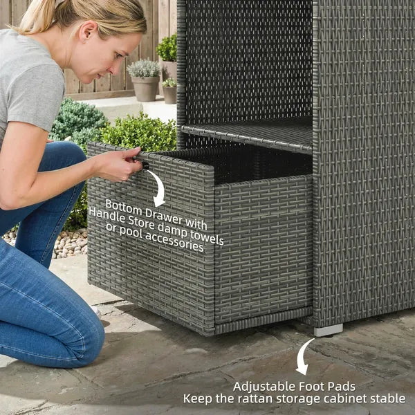 Valet Pool Towel Rack, Water-Resistant PE Plastic Rattan Wicker Storage Organizer, 2 Shelves, 1 Basket Drawer, Dark Gray - product image 5