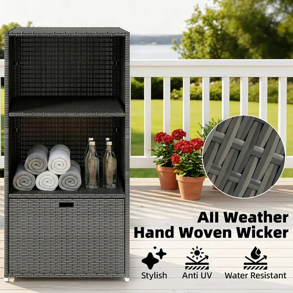 Valet Pool Towel Rack, Water-Resistant PE Plastic Rattan Wicker Storage Organizer, 2 Shelves, 1 Basket Drawer, Dark Gray - product image 4