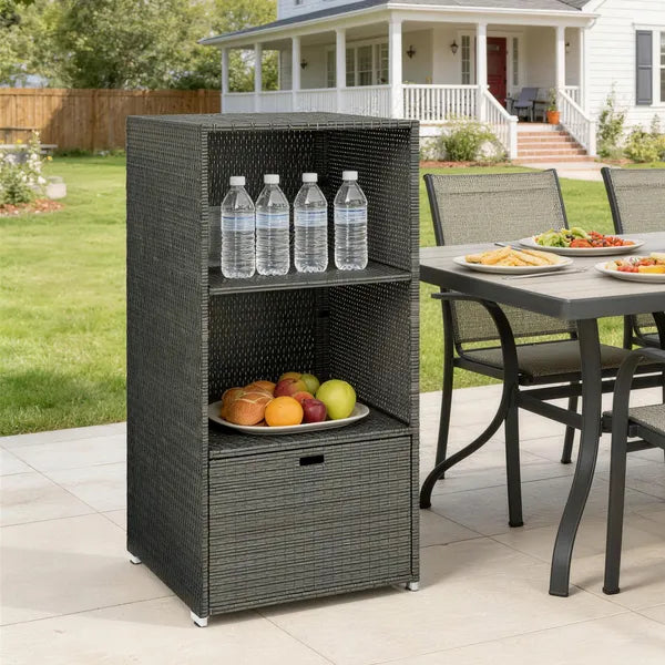 Valet Pool Towel Rack, Water-Resistant PE Plastic Rattan Wicker Storage Organizer, 2 Shelves, 1 Basket Drawer, Dark Gray - product image 7